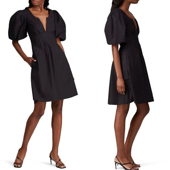 BROCK COLLECTION Dress Womens 4 Black Woven Queenique A-Line Puff Sleeve - Picture 1 of 13